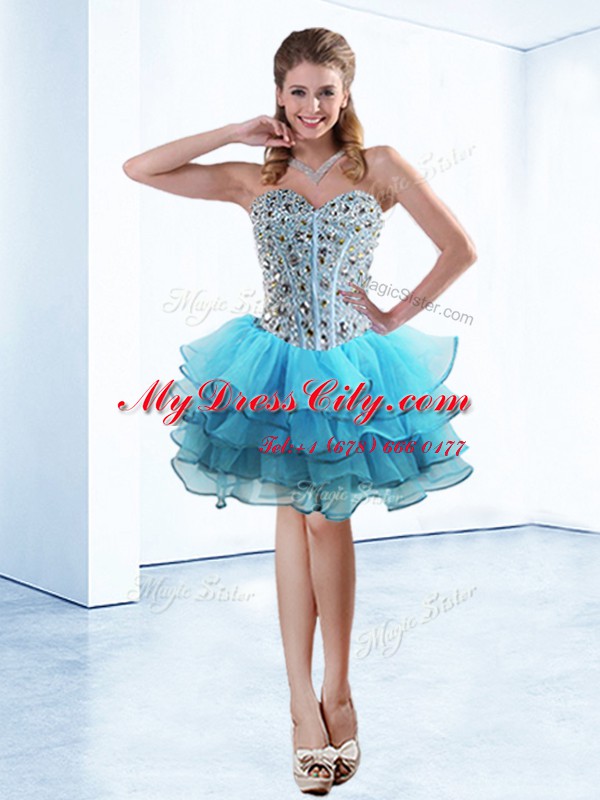 Baby Blue Sleeveless Beading and Ruffled Layers Knee Length Prom Gown