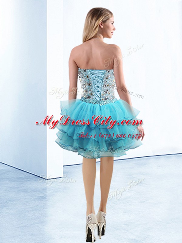 Baby Blue Sleeveless Beading and Ruffled Layers Knee Length Prom Gown