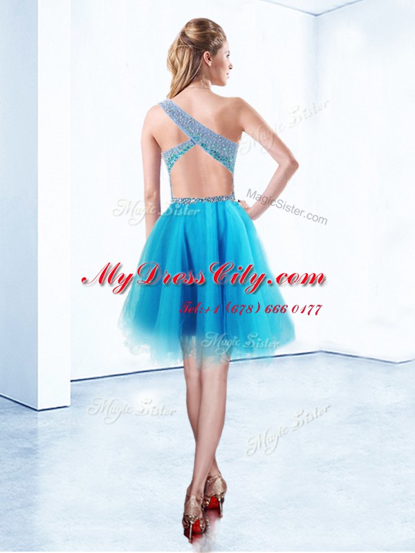 Sophisticated One Shoulder Tulle Sleeveless Knee Length Prom Evening Gown and Beading