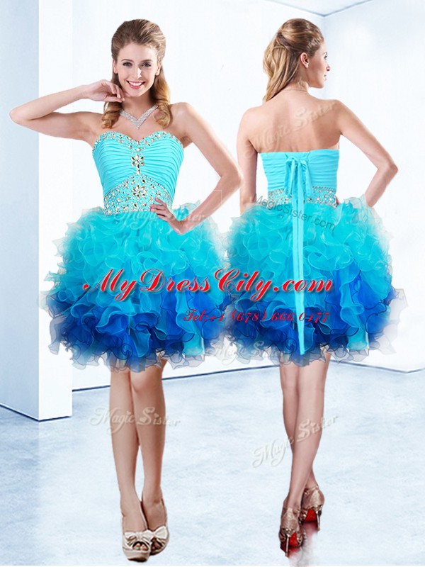 New Arrival Blue Sleeveless Organza Lace Up Homecoming Dress for Prom and Party