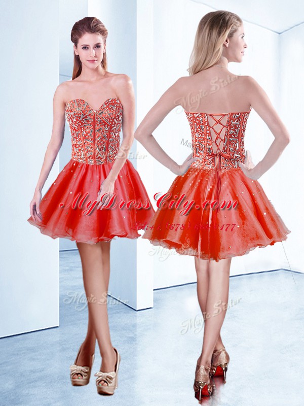 Beautiful Red V-neck Lace Up Beading Prom Gown Sleeveless