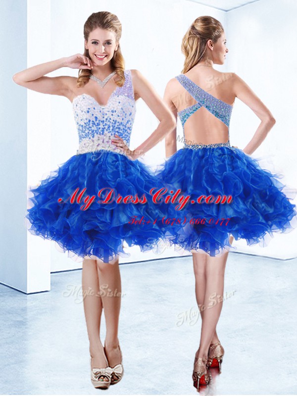 Simple One Shoulder Royal Blue A-line Beading and Ruffles Homecoming Dress Criss Cross Organza Sleeveless Knee Length