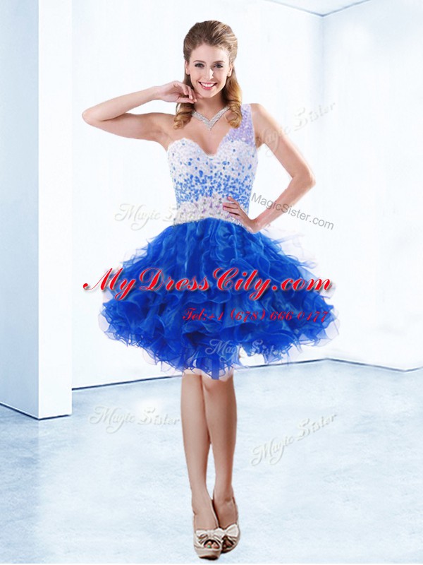 Simple One Shoulder Royal Blue A-line Beading and Ruffles Homecoming Dress Criss Cross Organza Sleeveless Knee Length