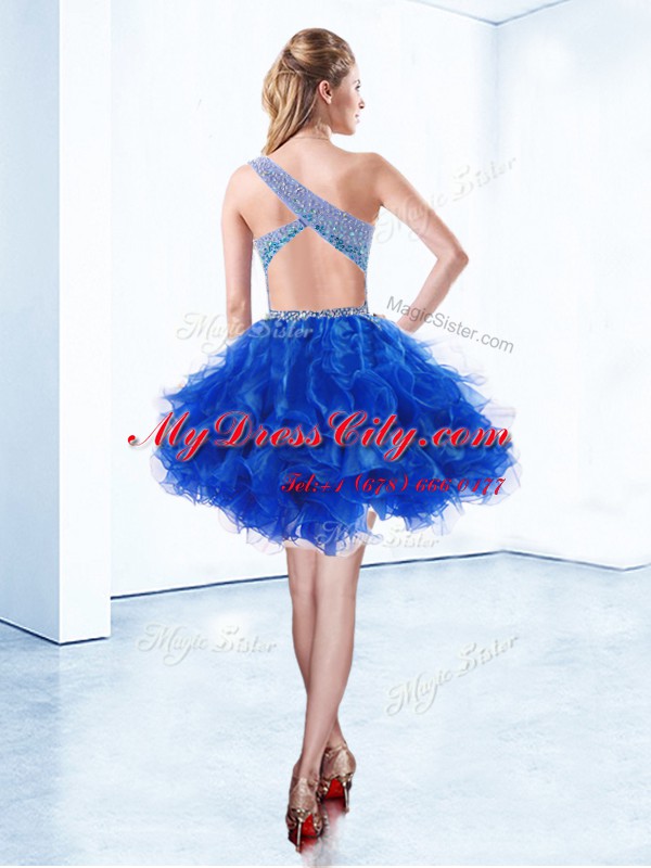 Simple One Shoulder Royal Blue A-line Beading and Ruffles Homecoming Dress Criss Cross Organza Sleeveless Knee Length