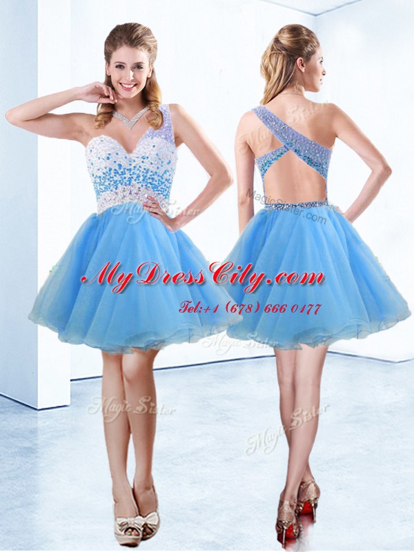 One Shoulder Knee Length Criss Cross Dress for Prom Baby Blue for Prom and Party with Beading