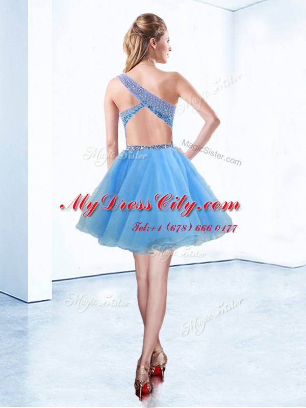 One Shoulder Knee Length Criss Cross Dress for Prom Baby Blue for Prom and Party with Beading