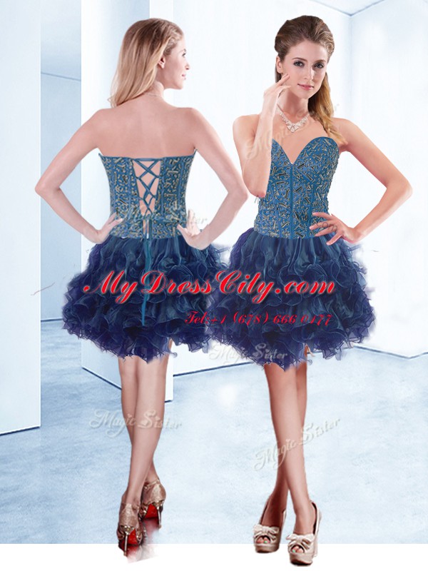 Lovely Navy Blue Sleeveless Beading Mini Length Prom Dress