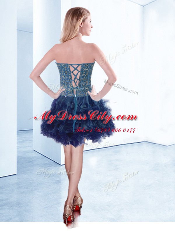 Lovely Navy Blue Sleeveless Beading Mini Length Prom Dress