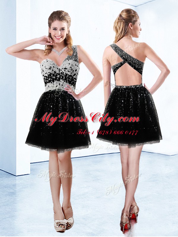 Beading and Sequins Evening Dress Black Lace Up Sleeveless Mini Length