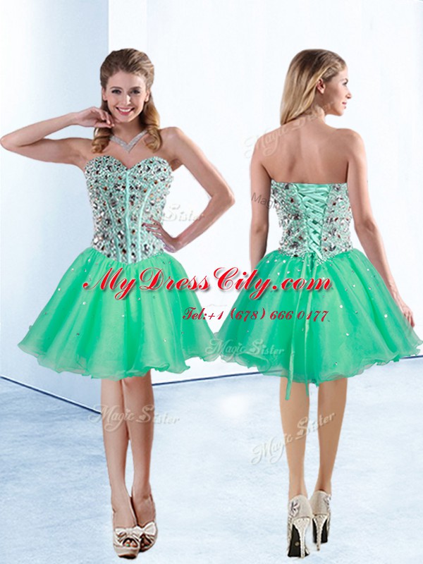 Discount Sleeveless Knee Length Beading Lace Up Dress for Prom with Turquoise