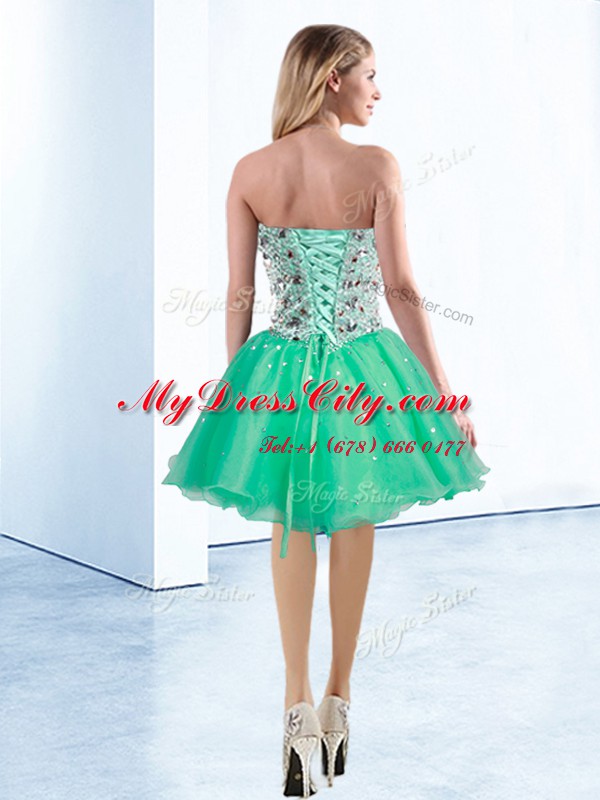 Discount Sleeveless Knee Length Beading Lace Up Dress for Prom with Turquoise