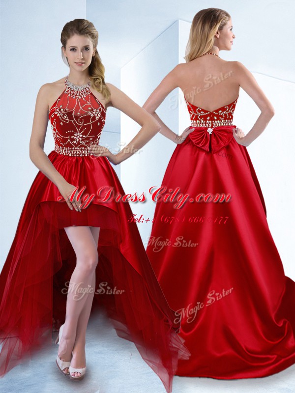 Great Halter Top Red Sleeveless High Low Beading Zipper Prom Dress