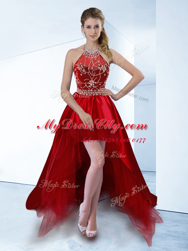 Great Halter Top Red Sleeveless High Low Beading Zipper Prom Dress