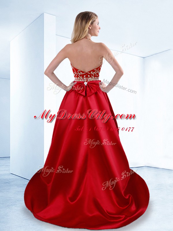 Great Halter Top Red Sleeveless High Low Beading Zipper Prom Dress