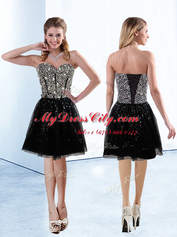 Black Sequined Lace Up Prom Gown Sleeveless Knee Length Sequins