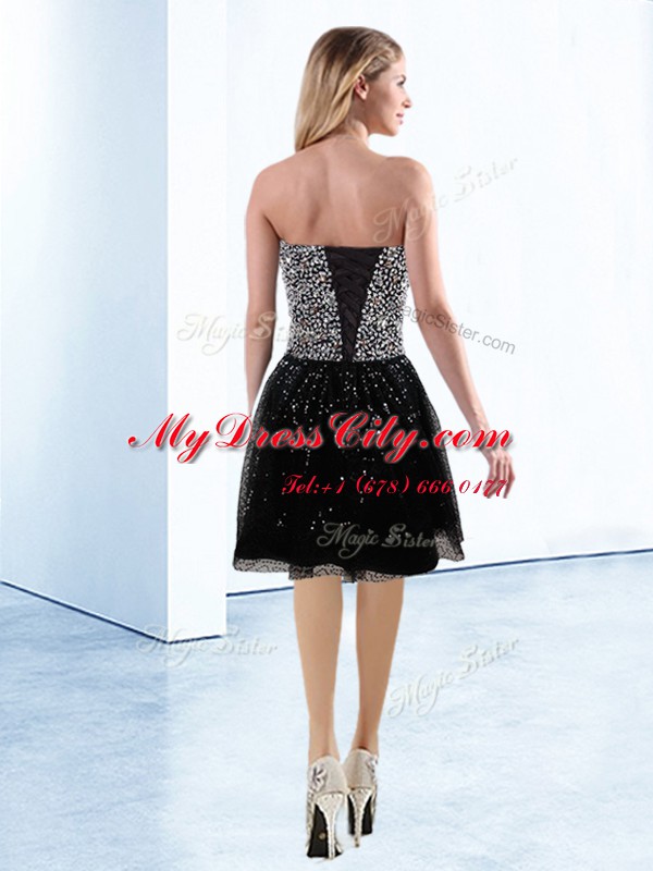 Black Sequined Lace Up Prom Gown Sleeveless Knee Length Sequins