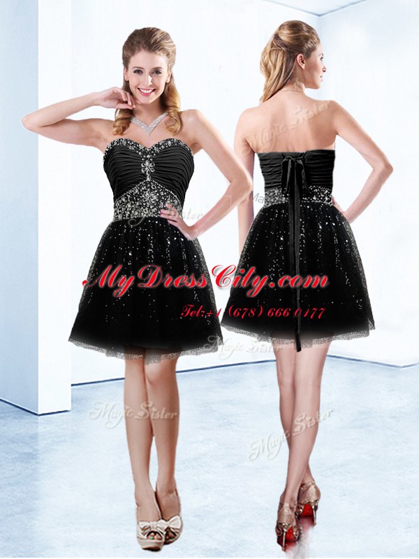 Romantic Knee Length Lace Up Prom Party Dress Black for Prom and Party with Beading