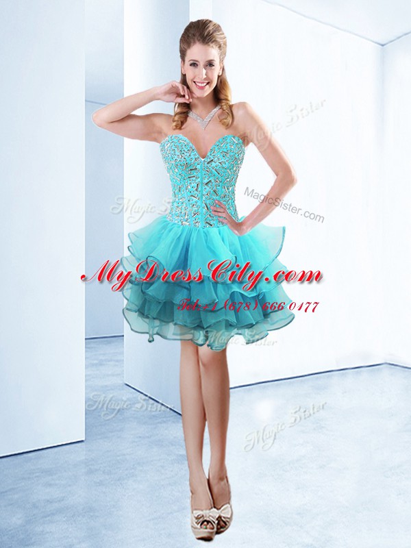 Aqua Blue Sweetheart Neckline Ruffles Prom Dress Sleeveless Lace Up