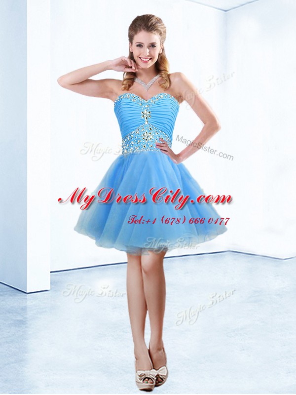 Glorious Sleeveless Mini Length Beading and Ruching Lace Up Dress for Prom with Blue