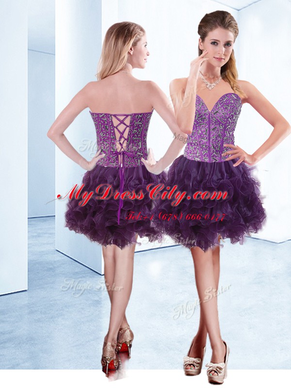 Traditional Sleeveless Mini Length Beading Lace Up Prom Party Dress with Purple