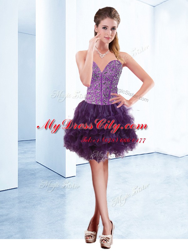 Traditional Sleeveless Mini Length Beading Lace Up Prom Party Dress with Purple