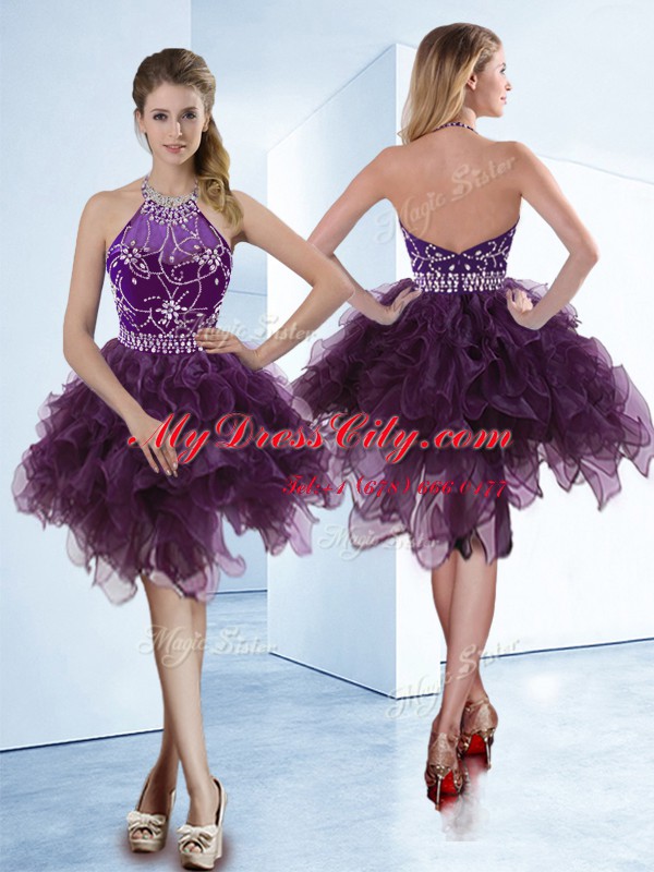 Halter Top Sleeveless Organza Knee Length Zipper Prom Gown in Dark Purple with Beading