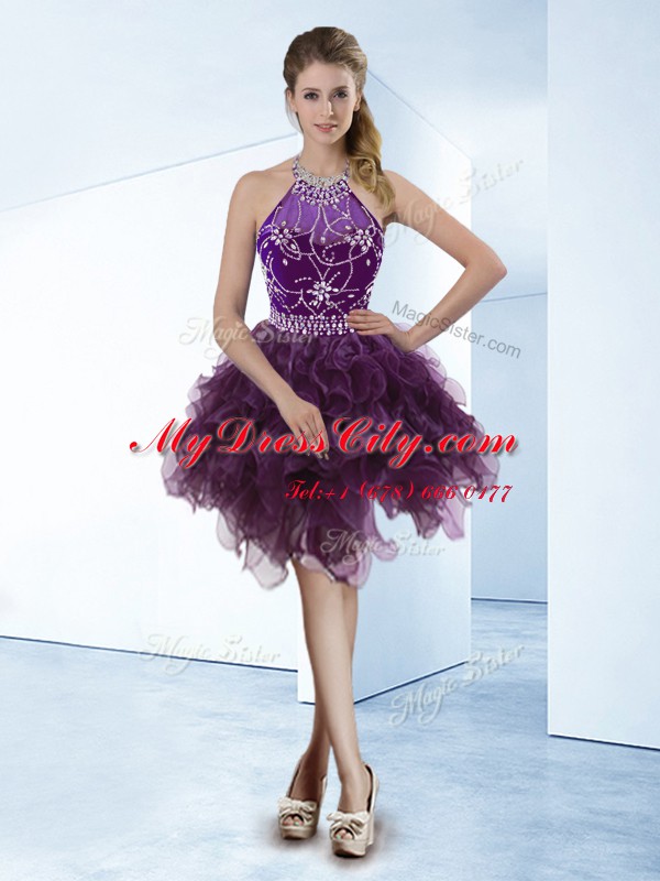 Halter Top Sleeveless Organza Knee Length Zipper Prom Gown in Dark Purple with Beading