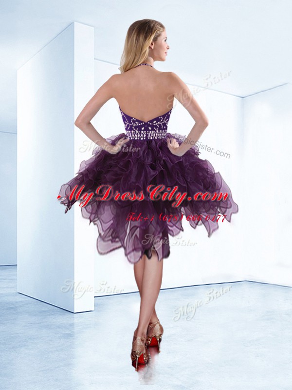 Halter Top Sleeveless Organza Knee Length Zipper Prom Gown in Dark Purple with Beading