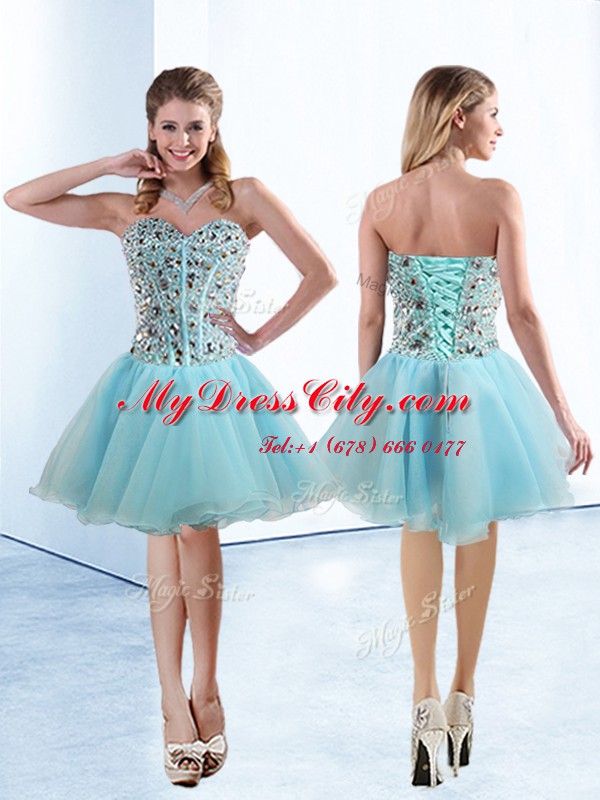 Extravagant Light Blue A-line Beading Womens Party Dresses Lace Up Organza Sleeveless Knee Length