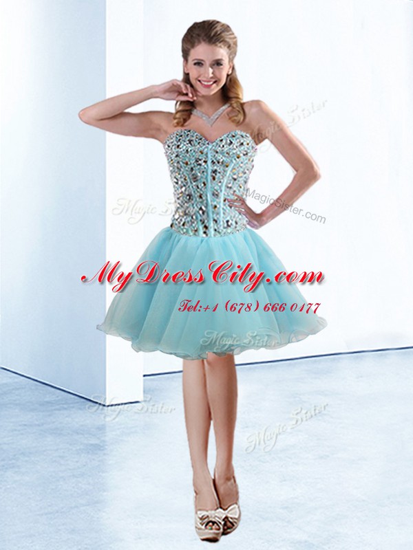 Extravagant Light Blue A-line Beading Womens Party Dresses Lace Up Organza Sleeveless Knee Length