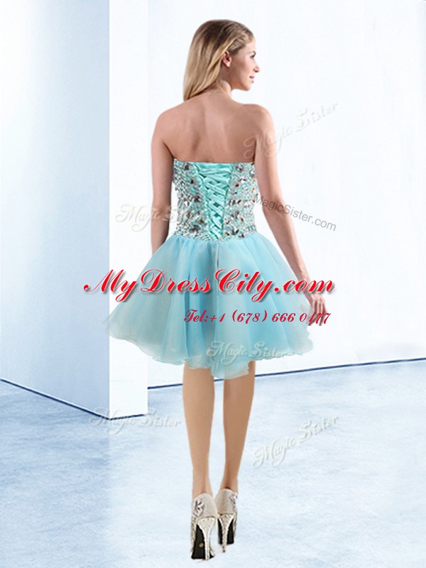 Extravagant Light Blue A-line Beading Womens Party Dresses Lace Up Organza Sleeveless Knee Length