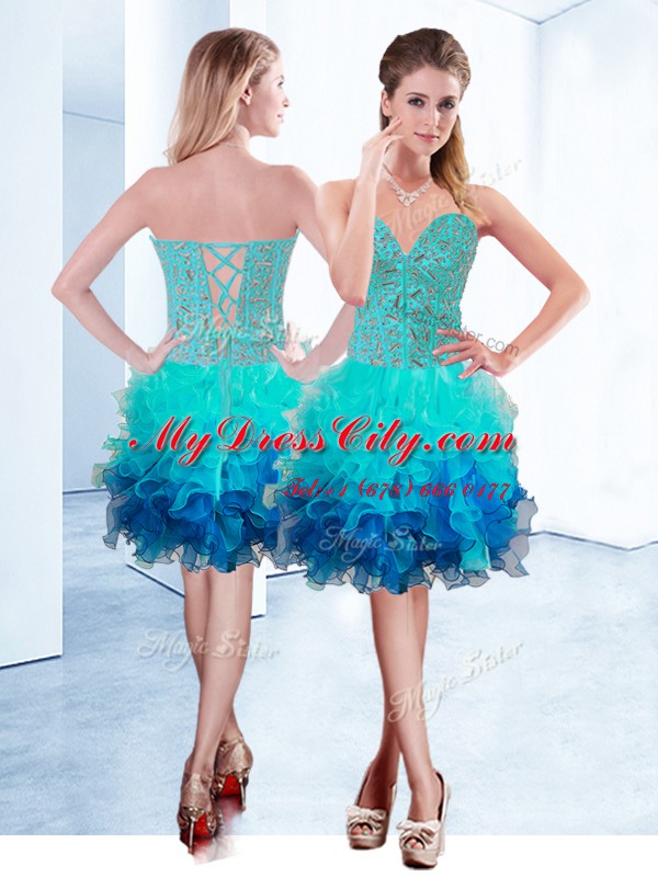 High End Aqua Blue Prom Dresses Prom and Party and For with Ruffles Sweetheart Sleeveless Lace Up