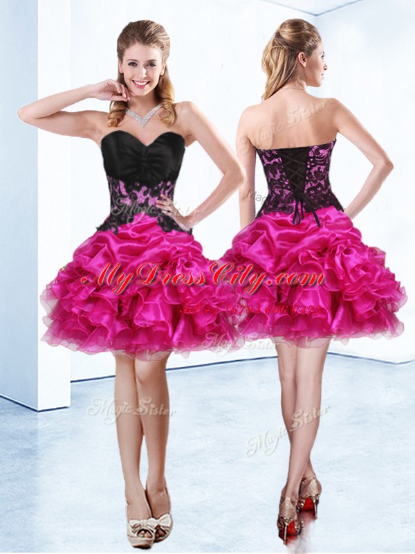 Fashion Sweetheart Sleeveless Organza Prom Evening Gown Beading and Ruffles and Pick Ups Lace Up