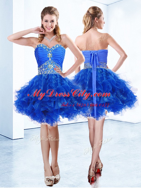 A-line Prom Dress Royal Blue Sweetheart Organza Sleeveless Knee Length Lace Up