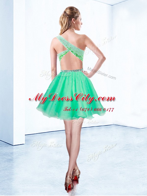 Sophisticated Turquoise Tulle Criss Cross One Shoulder Sleeveless Knee Length Evening Dress Beading