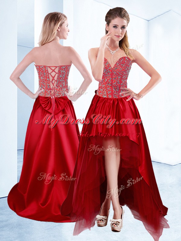 Beading Hoco Dress Wine Red Lace Up Sleeveless High Low