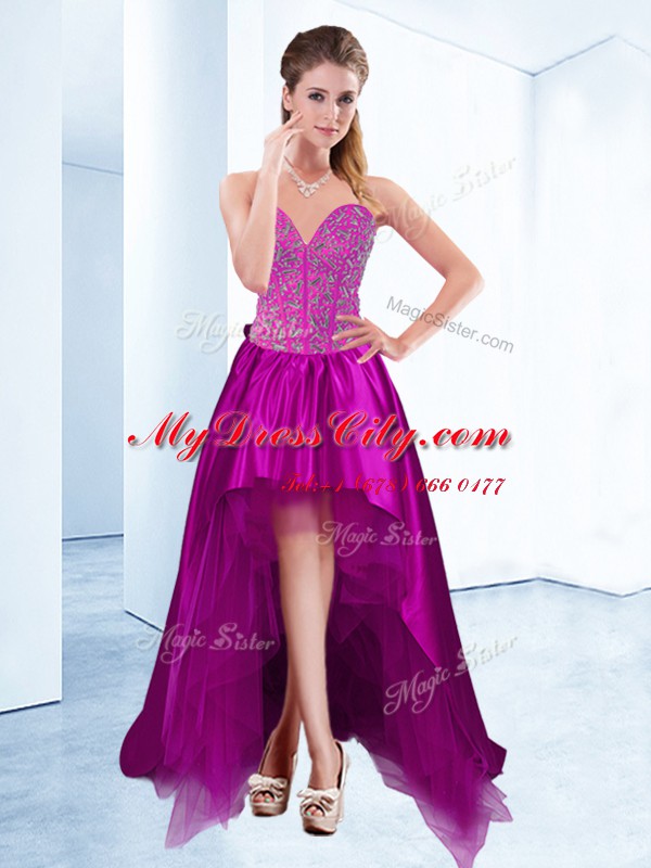 Glamorous Fuchsia Lace Up Sweetheart Beading Red Carpet Prom Dress Satin Sleeveless