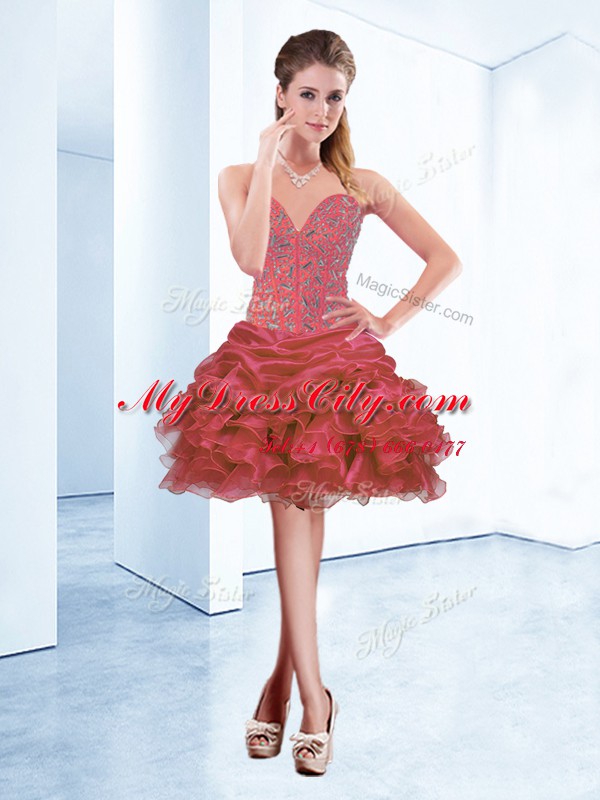 Lovely Coral Red Lace Up Beading and Ruffles and Pick Ups Sleeveless Mini Length