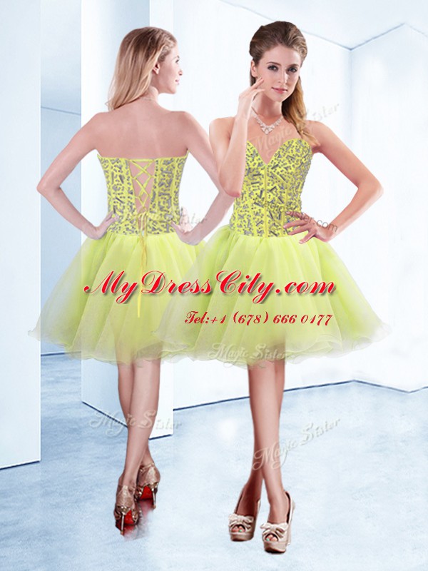 Custom Design Yellow Green Homecoming Dress Prom and Party and For with Beading Sweetheart Sleeveless Lace Up