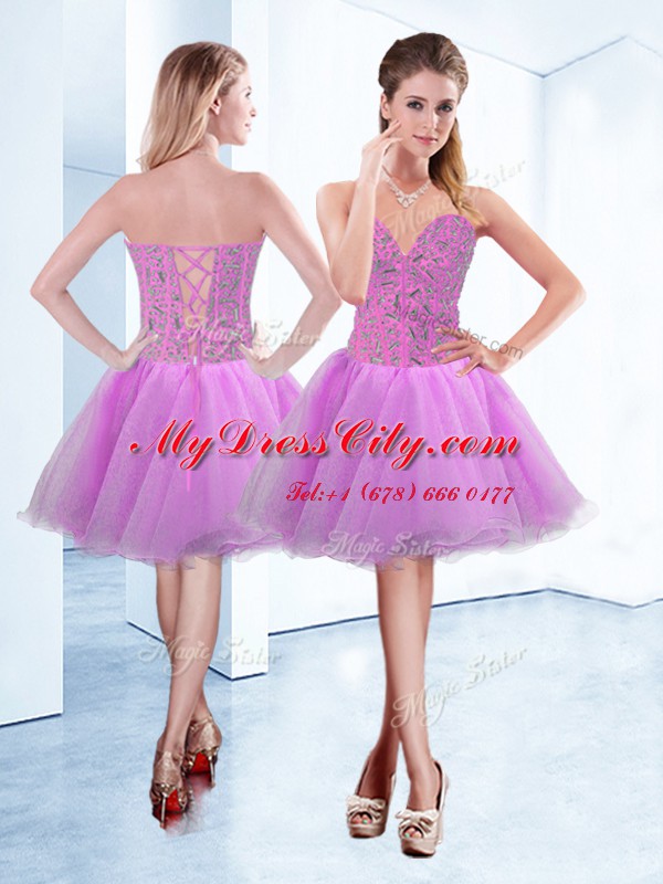 Most Popular Knee Length Lilac Prom Gown Sweetheart Sleeveless Lace Up