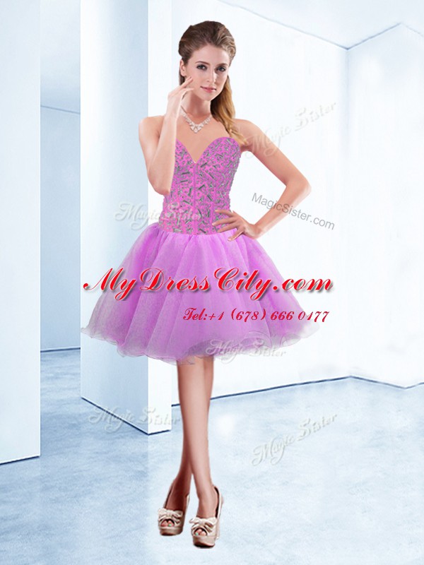 Most Popular Knee Length Lilac Prom Gown Sweetheart Sleeveless Lace Up