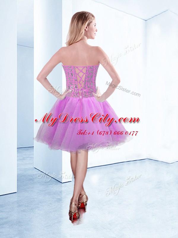 Most Popular Knee Length Lilac Prom Gown Sweetheart Sleeveless Lace Up