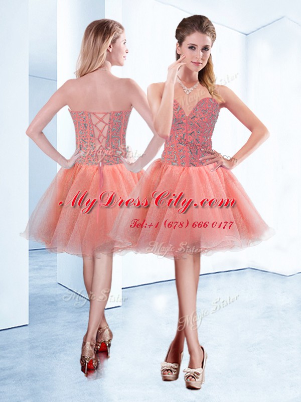 Mini Length Lace Up Party Dress Peach for Prom and Party with Beading