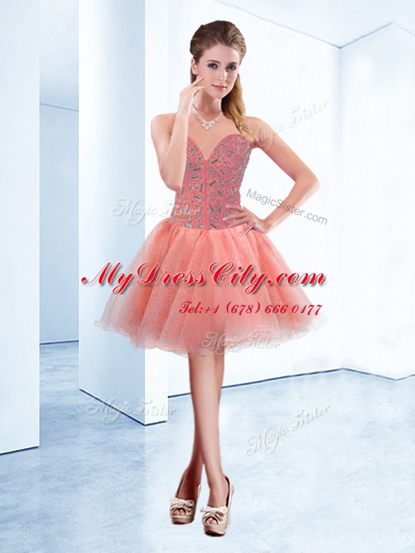 Mini Length Lace Up Party Dress Peach for Prom and Party with Beading