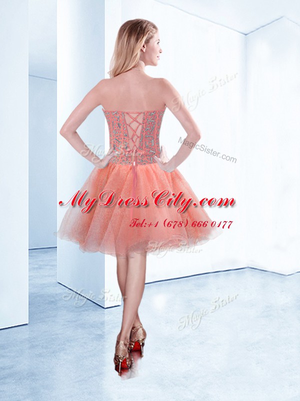 Mini Length Lace Up Party Dress Peach for Prom and Party with Beading