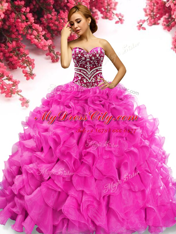 Hot Pink Quinceanera Dress Organza Sweep Train Sleeveless Beading and Ruffles