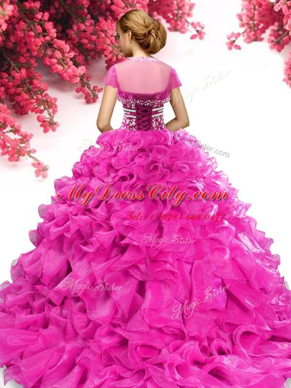 Hot Pink Quinceanera Dress Organza Sweep Train Sleeveless Beading and Ruffles