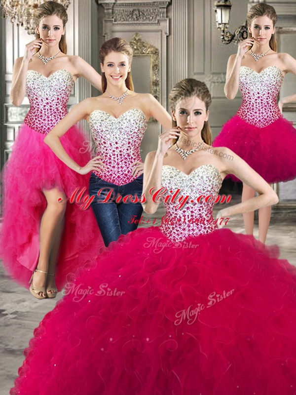 Custom Designed Four Piece Sleeveless Tulle Floor Length Lace Up 15th Birthday Dress in Hot Pink with Beading and Ruffles