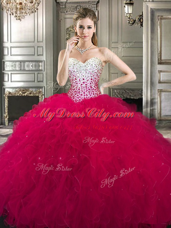 Custom Designed Four Piece Sleeveless Tulle Floor Length Lace Up 15th Birthday Dress in Hot Pink with Beading and Ruffles