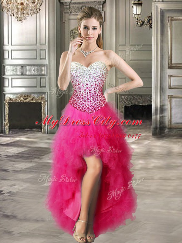 Custom Designed Four Piece Sleeveless Tulle Floor Length Lace Up 15th Birthday Dress in Hot Pink with Beading and Ruffles